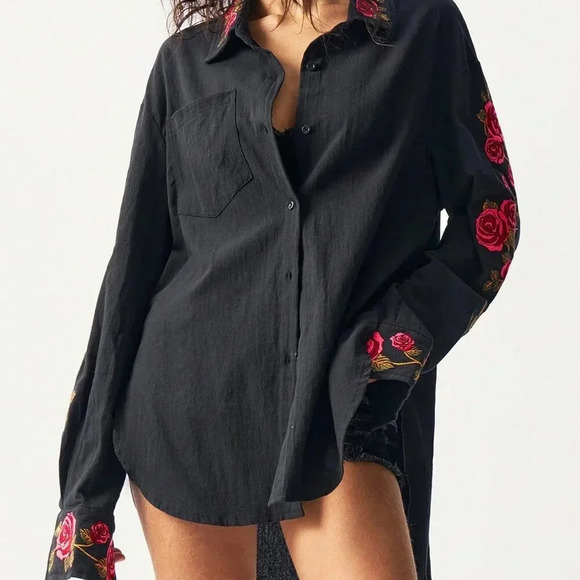 Black Casual Women's Loose Woven Asymmetrical Hem Long Sleeve Long Shirt - Picture 6 of 7